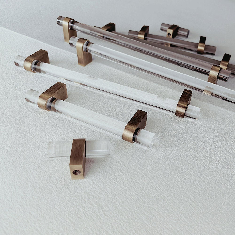 Acrylic and Brass Drawer Handles | Smoked Acrylic | Clear Acrylic | Fumo