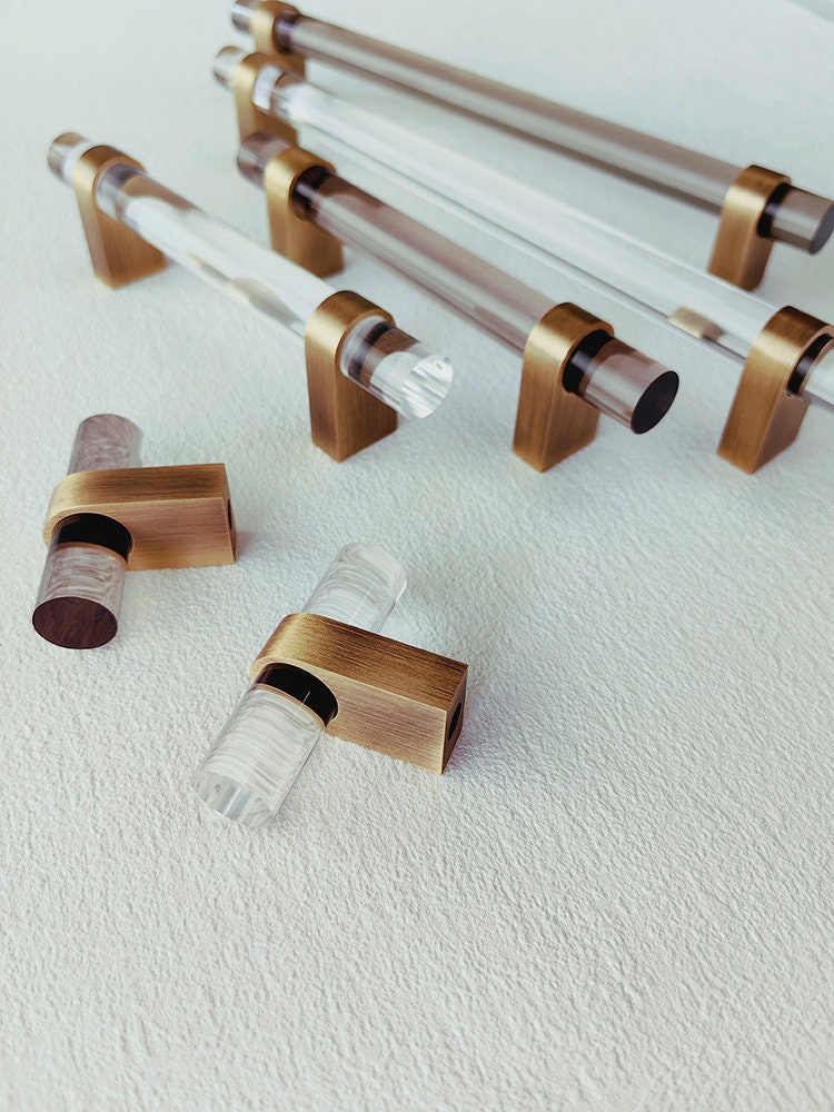 Acrylic and Brass Drawer Handles | Smoked Acrylic | Clear Acrylic | Fumo