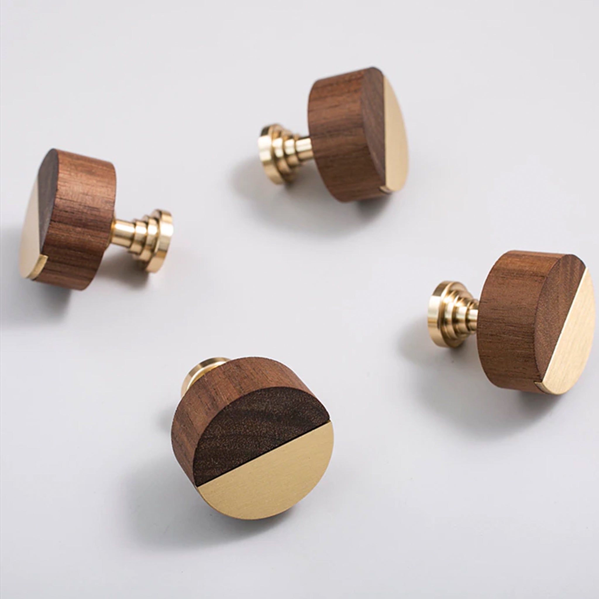 wood and brass mid-century modern drawer knobs